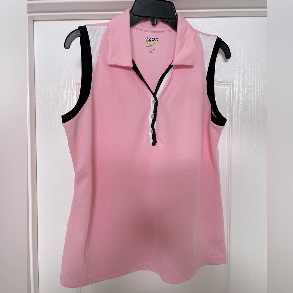 Izod Golf sleeveless collared polo top size Large- pale pink, white and black